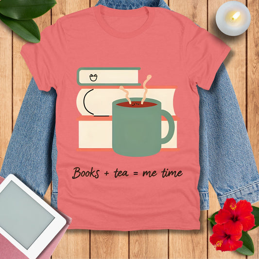 Books + Tea T-Shirt — Cozy Reading Mug Tee ("Books + tea = me time")