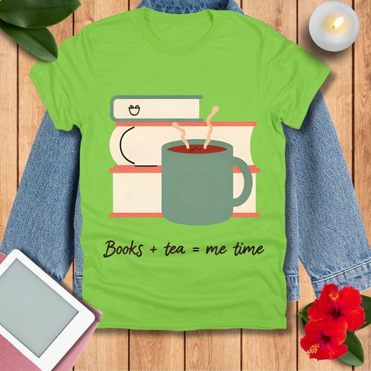 Books + Tea T-Shirt — Cozy Reading Mug Tee ("Books + tea = me time")